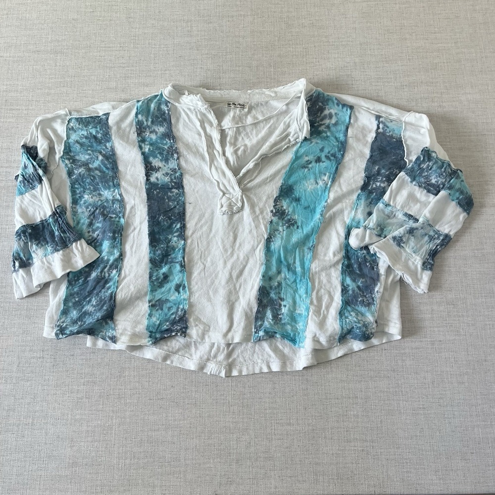 We The Free Medium Striped Tie Dye Oversized Cropped Top Blue White Coastal